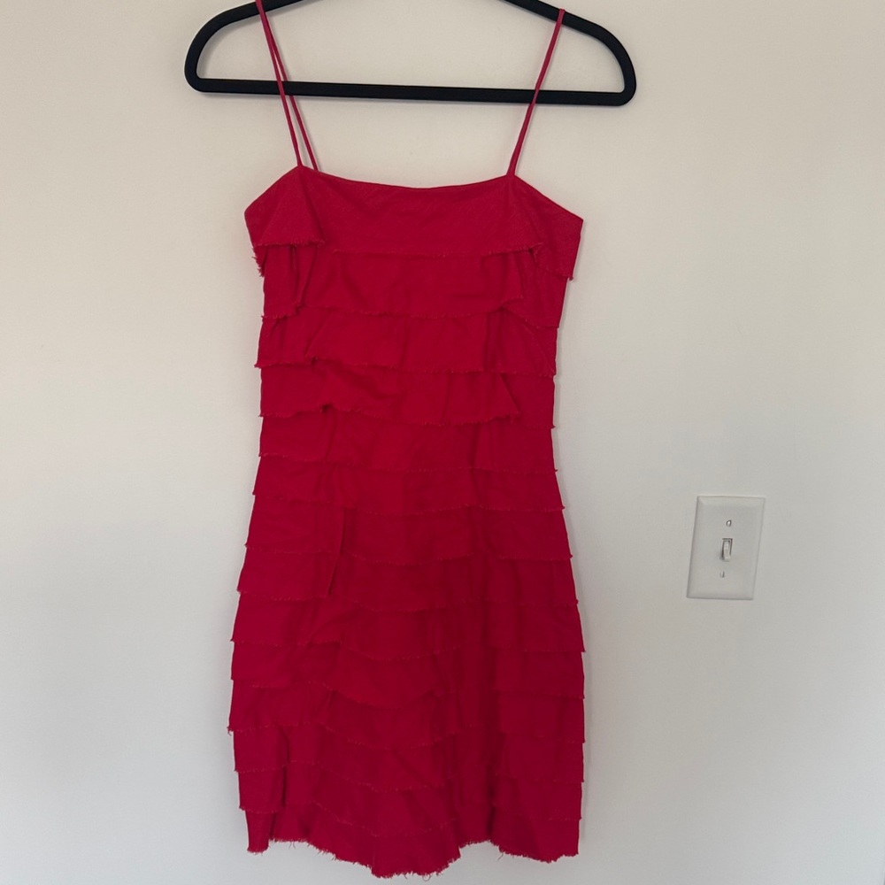 J.Crew 100% Linen Ruffle Bright Red Spaghetti Strap Mini Dress - Size 0 - Picture 1 of 3